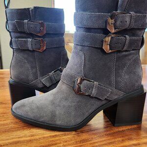 Vince Camuto Kempreea Gray Suede Mid-Shaft Boots with Block Heel